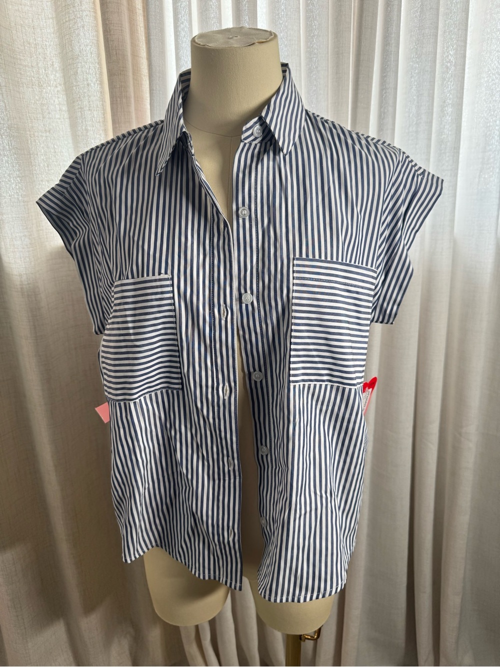 HYFVE Navy and White Striped Sleeveless Button-Up Blouse